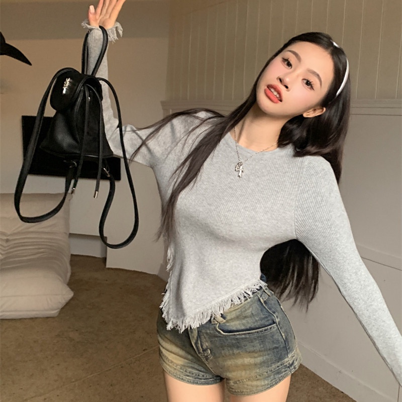 Áo Thun Tay Dài Dệt Kim Thiết Kế Tua Rua Hợp Thời Trang