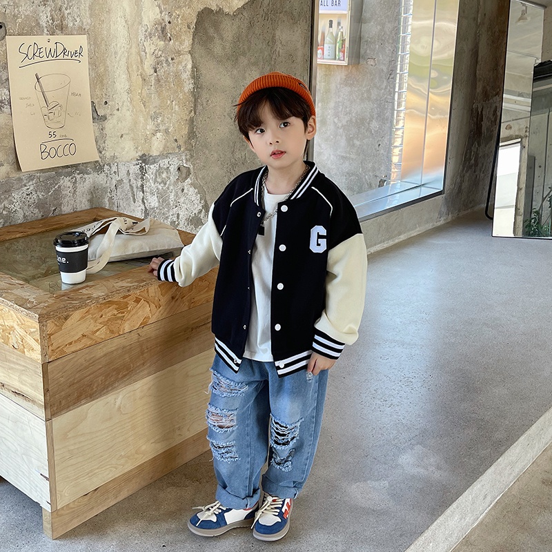 Áo khoác bóng chày BXPB 100170 dài tay dáng rộng phong cách Hàn Quốc thời trang mùa thu cho bé trai 3-15 tuổi