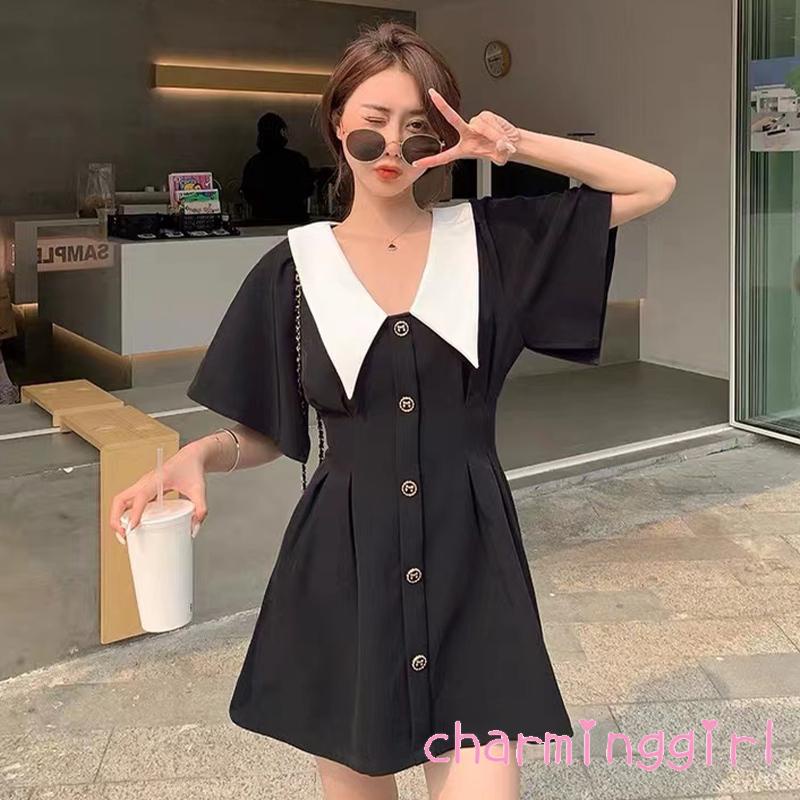 Chm-đầm Ngắn Tay Mini Cổ Peter Pan Cài Nút Màu Sắc Tương Phản Thời Trang Mùa Hè Cho Nữ
