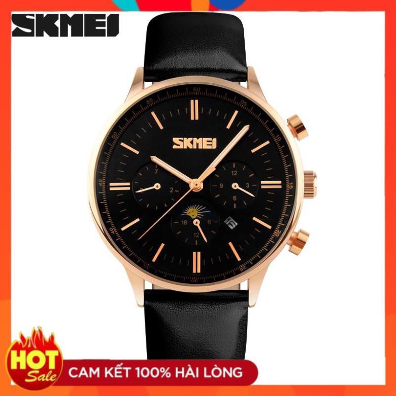 Đồng hồ nam SKMEI mặt tròn 41mm dây da cao cấp chạy 6 kim kính chống xước chống nước tuyệt đối 9117