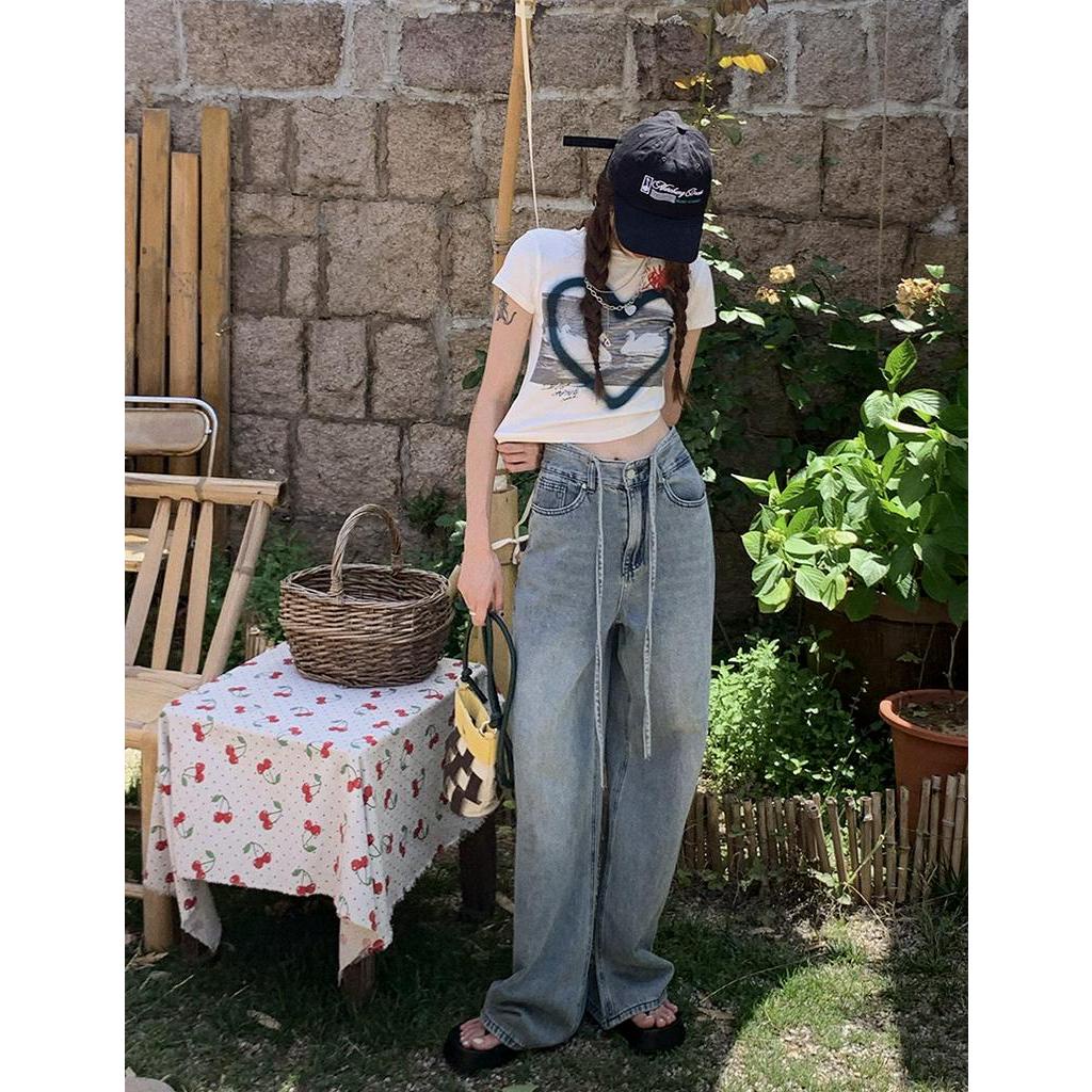 Quần Denim Ống Rộng Lưng Cao Phối Dây Rút Thời Trang Dành Cho Nữ 60682
