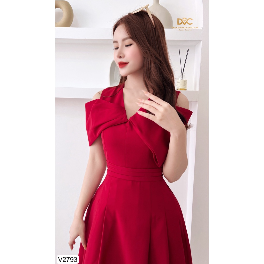 VÁY ĐỎ XÒE CỔ V PHỐI NƠ V2793 - DOLCE VIVA COLLECTION