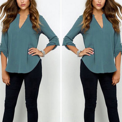 Áo kiểu chất Chiffon tay dài thiết kế cổ chữ V thanh lịch