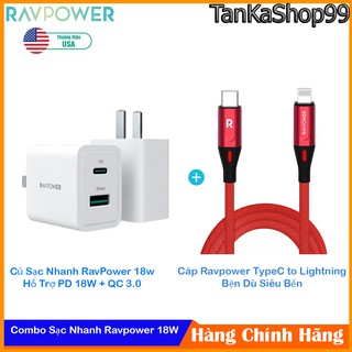 Combo Sạc Nhanh Đa Năng 18W Ravpower 1 cổng PD 18W - 1 cổng USB QC 3.0 18w