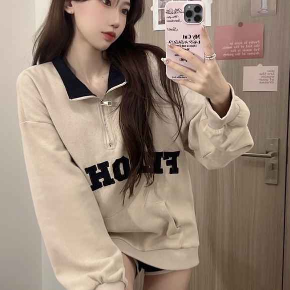 Áo thun polo ZHELIHANGFEI tay dài cổ có khóa kéo thêu họa tiết phong cách preppy thời trang cho nữ