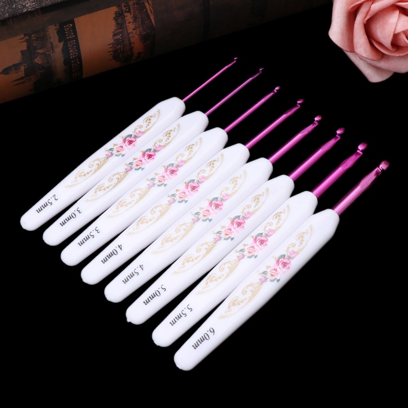 Set 8 kim móc nhôm tay cầm nhựa họa tiết hoa để đan len tiện lợi