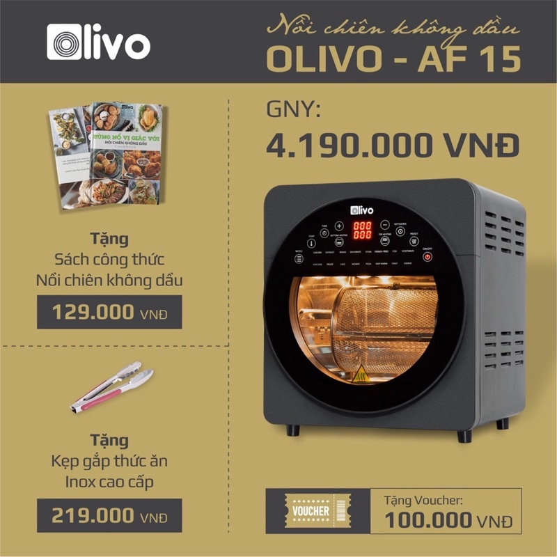 Nồi Chiên Không Dầu OLIVO AF15 Chính Hãng BH 1 Năm  16 Chức Năng - Dung Tích 15L - Công Suất 2000W - Thương Hiệu Mỹ