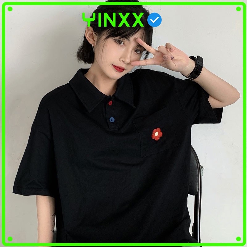 Áo thun polo nam nữ tay lỡ Yinxx, áo thun có cổ nam nữ form rộng màu đen ATP04