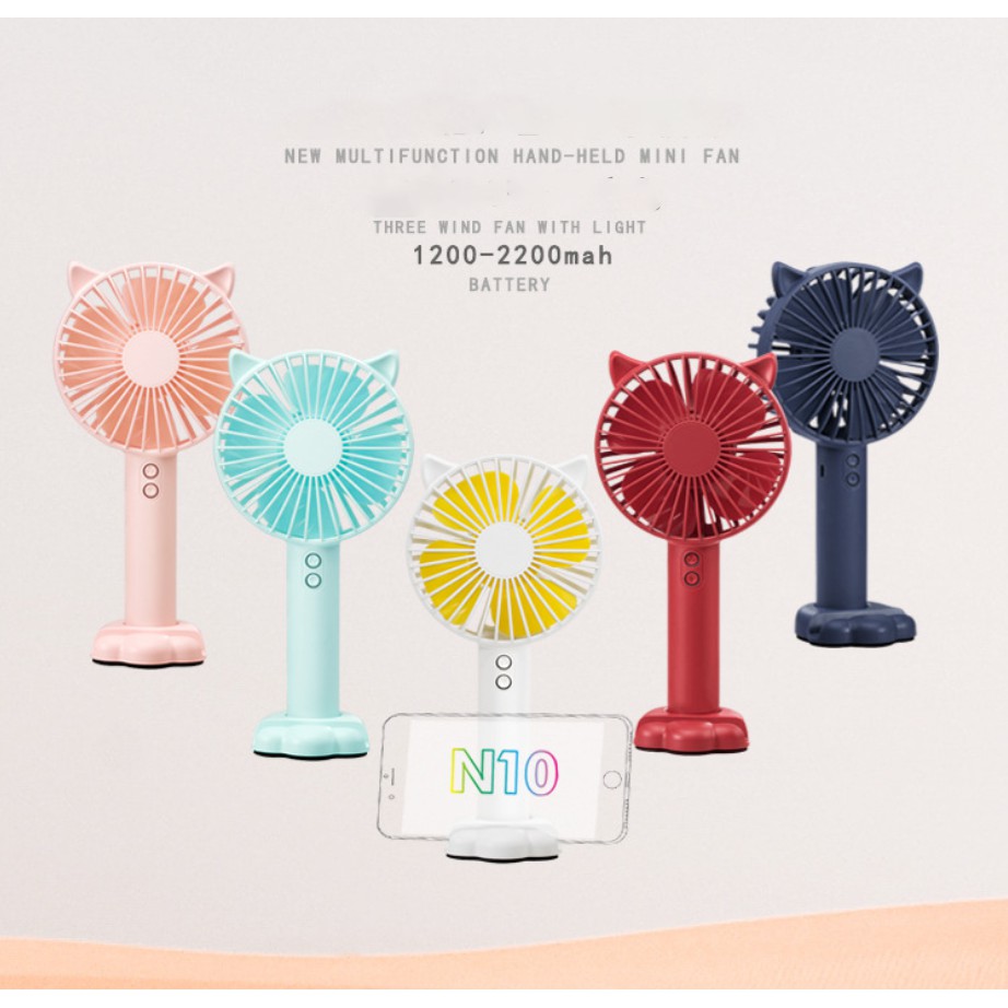 Quạt mini cầm tay tiện dụng handy fan 3 tốc độ gió tai mèo cao cấp có đèn kiêm giá đỡ điện thoại