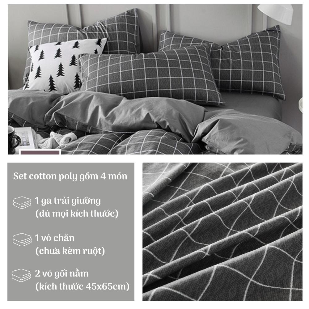 Bộ 4 món chăn ga gối đệm cotton poly họa tiết caro kẻ dạ Otama Bedding miễn phí bo chun drap nệm decor phòng ngủ