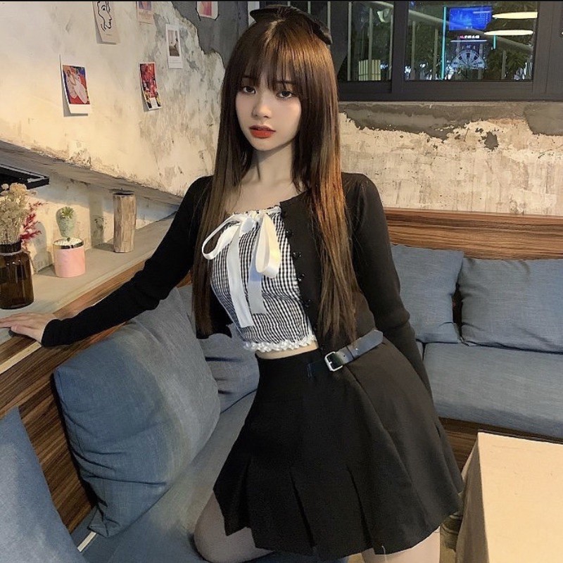 [AdorablexBeautiful] Áo Thun Caro Trắng Đen Freesize Cột Nơ Phong Cách Ulzzang Dễ Thương Hot Trend 2022