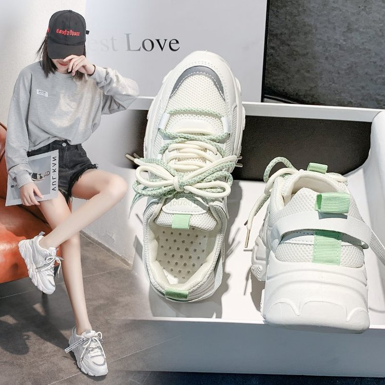 Kasut perempuan Women Sneakers Fashion Mesh Chunky Sneakers Casual Shoes Reflective Comfortable Thick Sole White Dad Flats Platform Shoes
