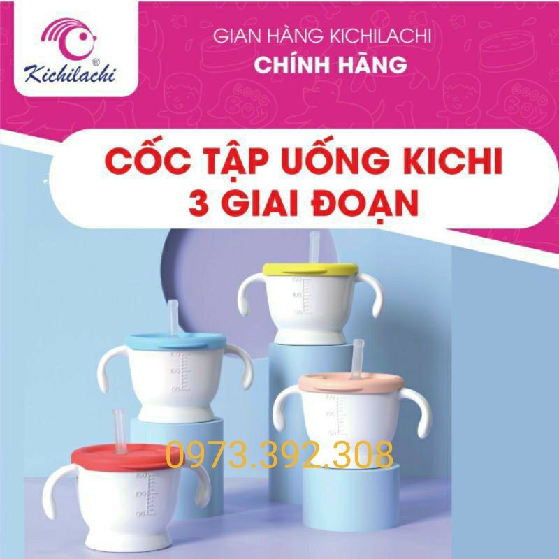 Cốc,Ca Tập Uống Nước/Sữa 3 Giai Đoạn Kichilachi Có Vạch Chia Tiện Lợi Cho Bé