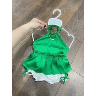 Set yếm nơ xanh bé gái