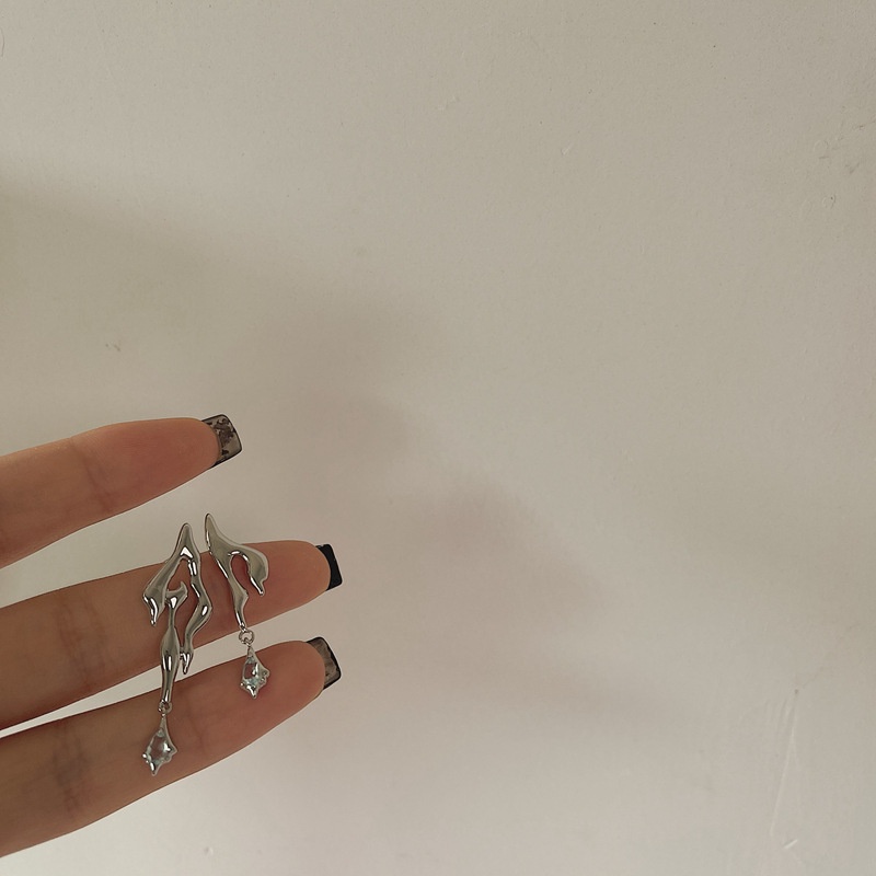 Khuyên Tai Hình Giọt Nước Không Đối Xứng Mạ Bạc 925 Đính Đá Zircon Phong Cách hip-hop Hàn Quốc