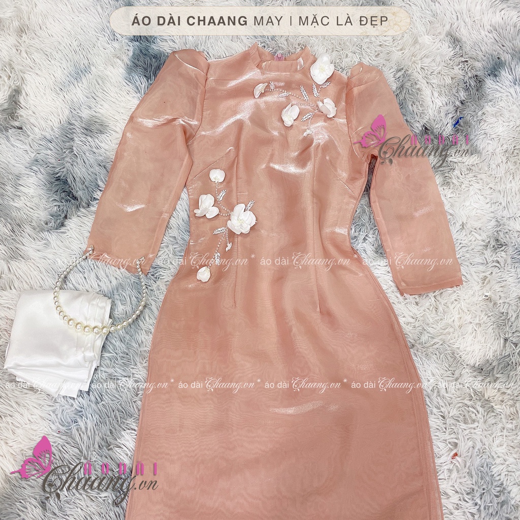 Áo Dài Cách Tân Nữ Cành Hoa Trắng Thiết Kế Thủ Công Tay Bồng Lụa Tơ Hồng 4 Tà Cao Cấp Dự Tiệc Lễ Tết Đẹp