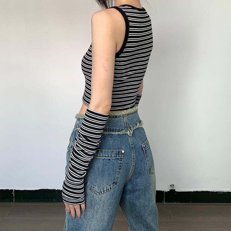 Áo Tank Top Cổ Chữ V Kẻ Sọc Phối Găng Tay Cá Tính Cho Nữ