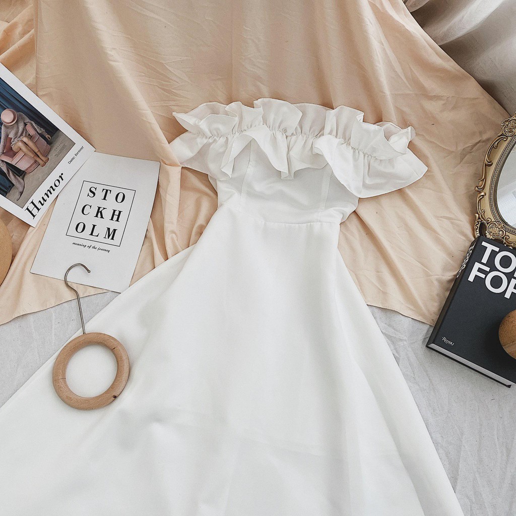 ĐẦM MIDI TRẮNG BẸT VAI NHÚN BÈO | BigBuy360 - bigbuy360.vn