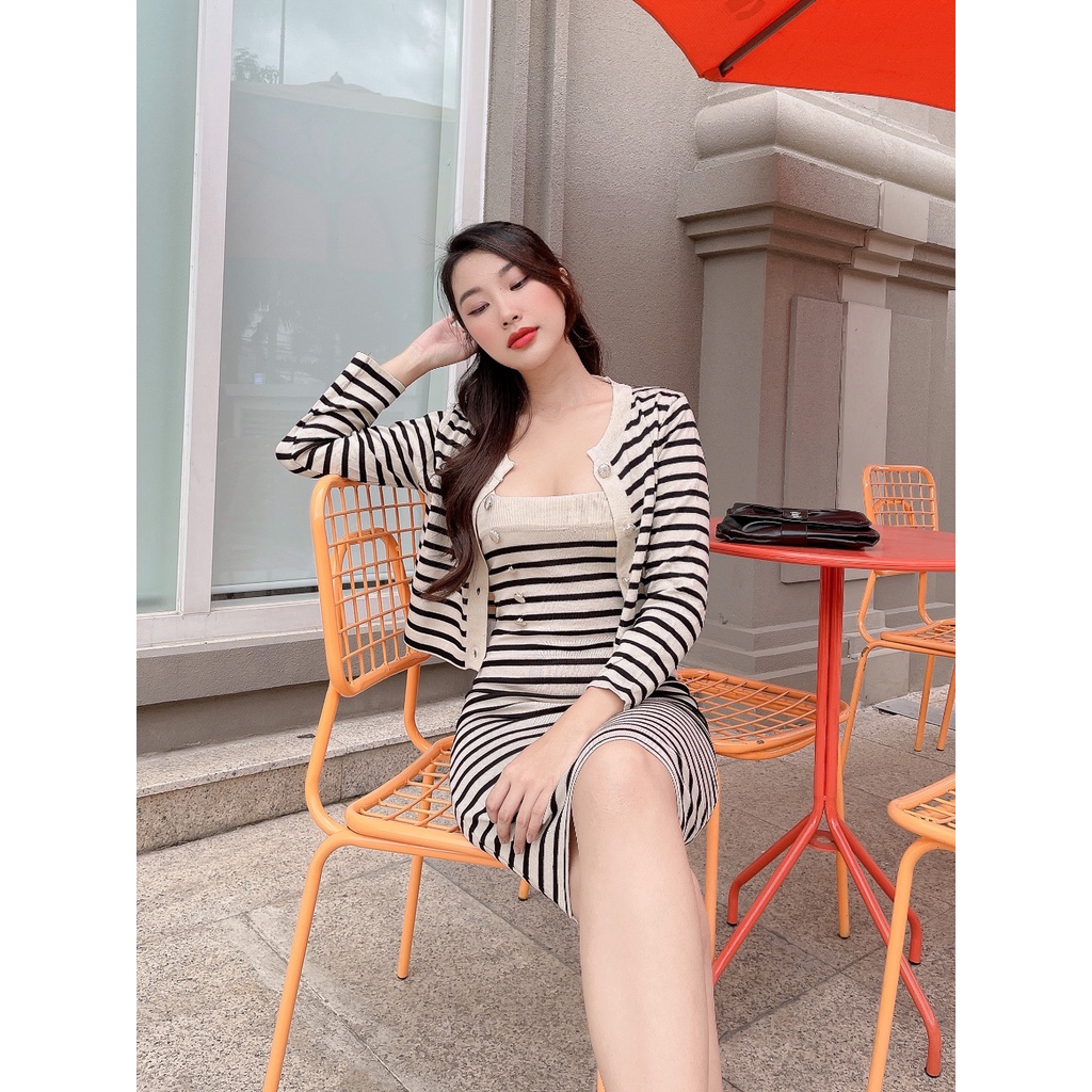 Set Áo + Váy ôm đính nút len dệt cao cấp sang trọng Kristin DS02