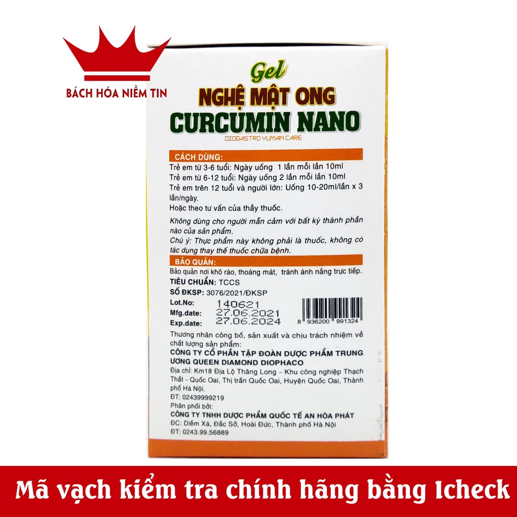 GEL dạ dày NGHỆ MẬT ONG CURCUMIN NANO - giảm acid dịch vị, ợ chua, đầy hơi, trào ngược dạ dày hiệu quả - Hộp 20 gói 10ml