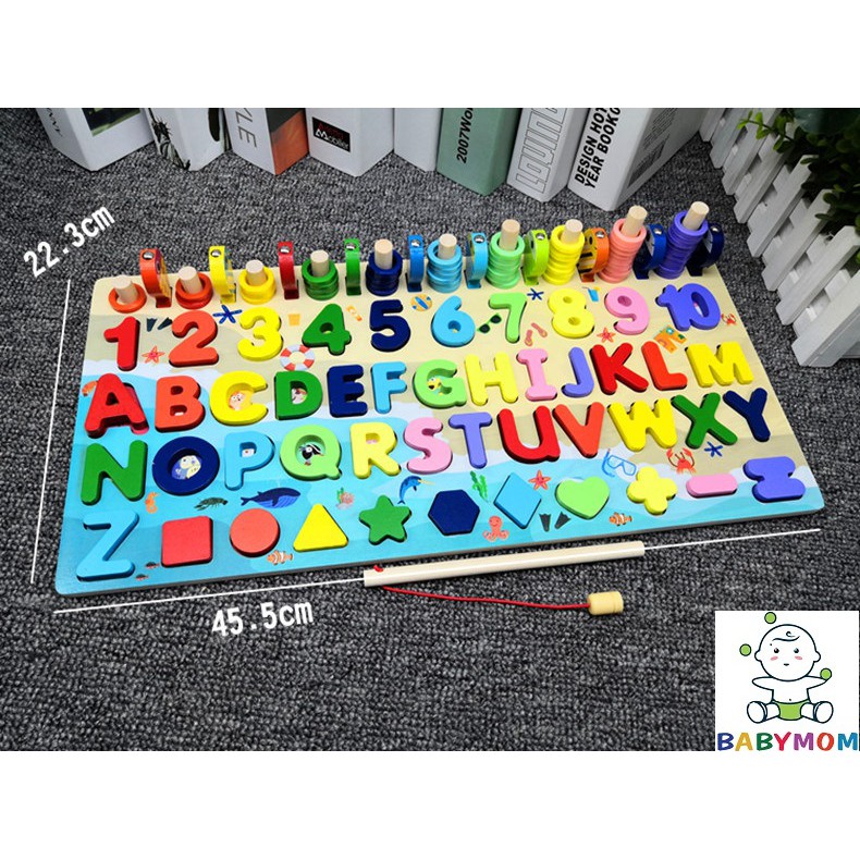 {FREESHIP} Bảng học chữ cái, đếm các chữ số, 10 bậc thang, thả hình kèm câu cá 6 in1, 5 in 1 và 4in 1 đồ chơi bằng gỗ