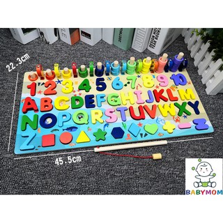 Bảng học chữ cái, đếm chữ số, 10 bậc thang, thả hình kèm câu cá 5 in 1 đồ chơi bằng gỗ màu sắc đáng yêu cho bé