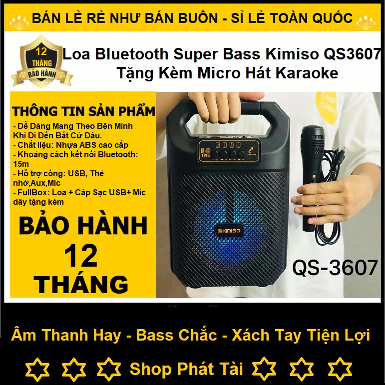 Loa Bluetooth Superbass Kimiso QS 3607 - Du Lịch Đa Năng - Tặng Kèm Micro Hát Karaoke - Bảo Hành 12 Tháng ( Cực Chất )