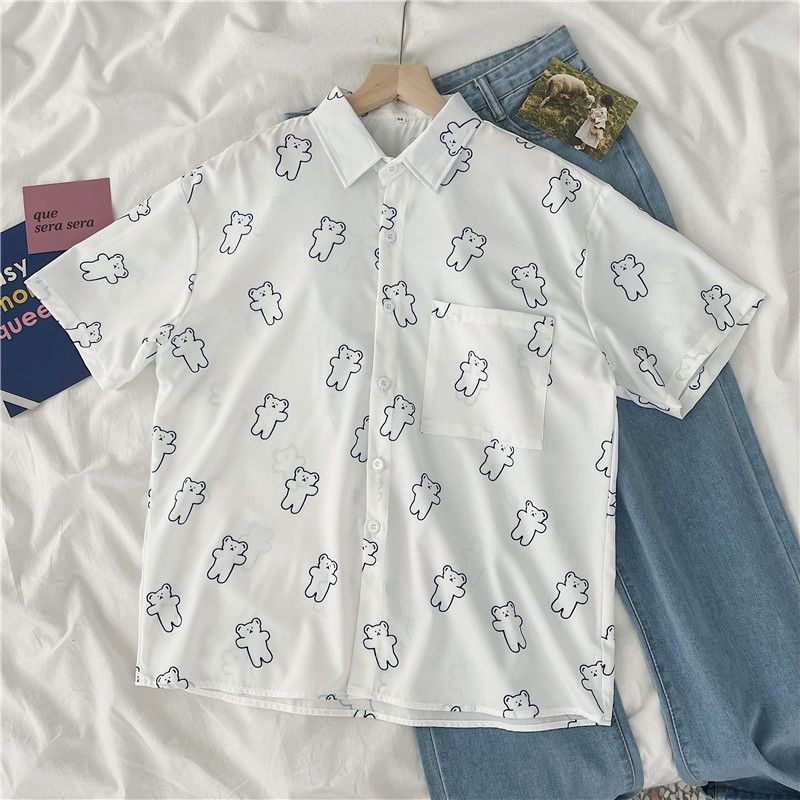 [Mã WASKT304 giảm 15% tối đa 30K đơn 99K] [SẴN] Áo sơmi ngắn tay màu trắng unisex ulzzang họa tiết gấu xanh | BigBuy360 - bigbuy360.vn