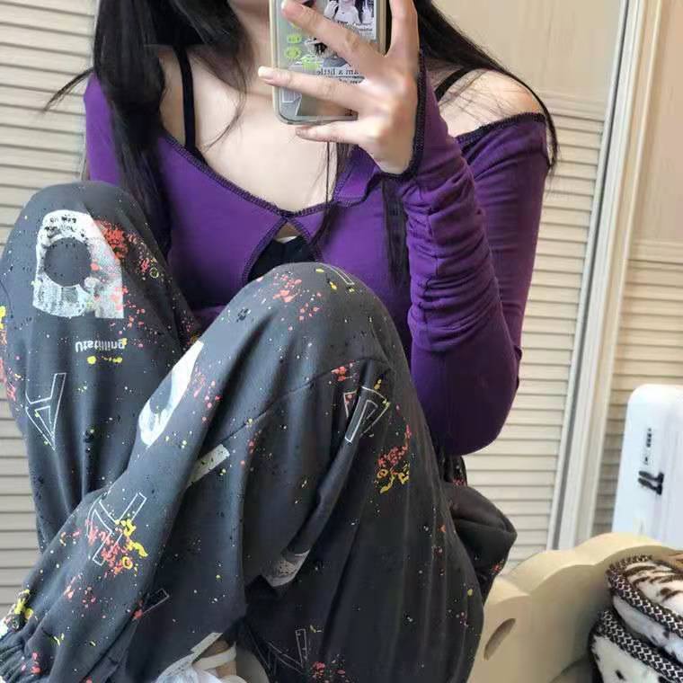 Jiashucheng Hàng Có Sẵn Quần Thể Thao Lót Lông Cừu Nhuộm Màu Sắc Phong Cách Chic Hàn Quốc Đường Phố Cho Nữ