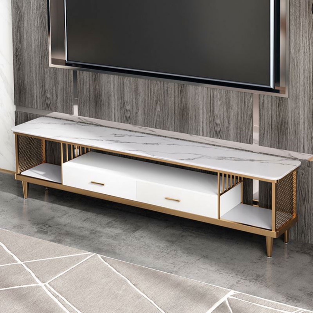 Kệ tivi 2 ngăn kéo trắng hiện đại IBIE Felice mặt gỗ hoặc đá, khung sắt sơn tĩnh điện, tùy chọn kích thước, màu sắc