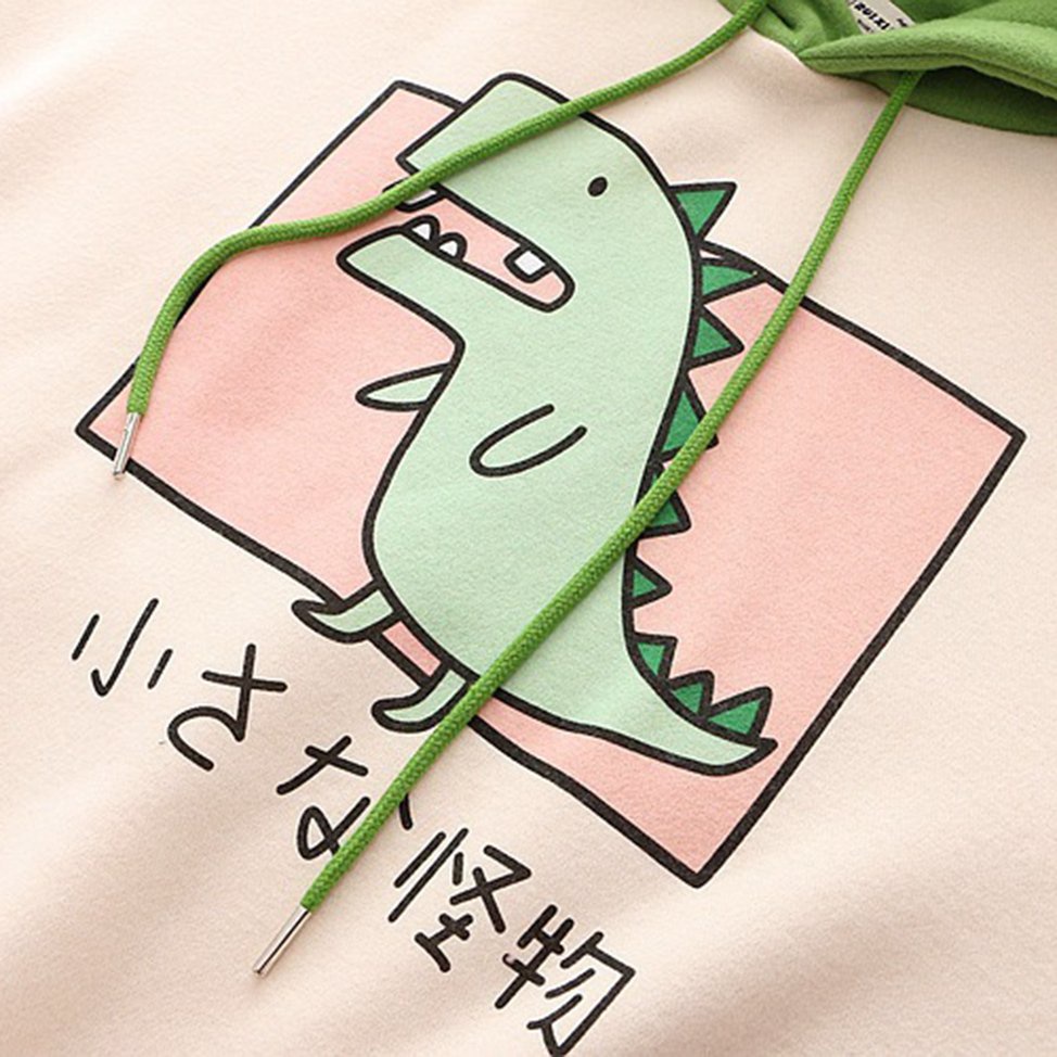 Áo hoodie tay dài in hình khủng long màu sắc tương phản thời trang mùa đông