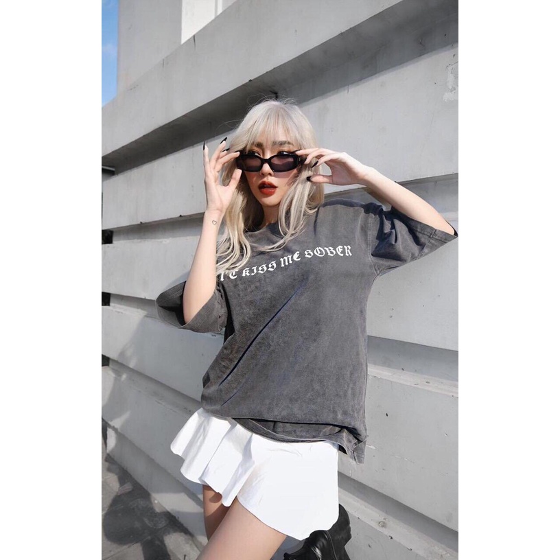 Áo thun tay lỡ loang xám, áo phông unisex form rộng nam nữ chất liệu cotton chữ in