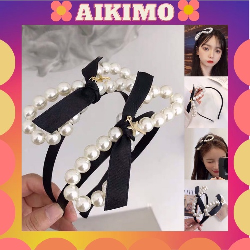 Băng đô ngọc trai nhân tạo hình nơ bờm tóc phong cách Hàn Quốc tiểu thư sang chảnh Aikimo BT18