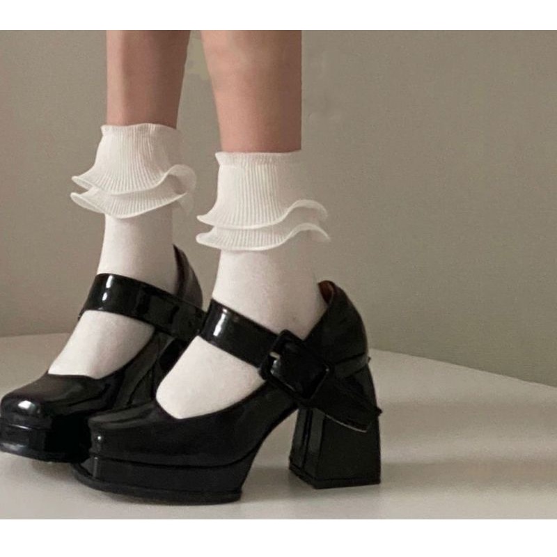 Giày cao gót độn đế bốt martin Mary Jane da Pu mũi vuông phong cách cổ điển Hàn Quốc xinh xắn