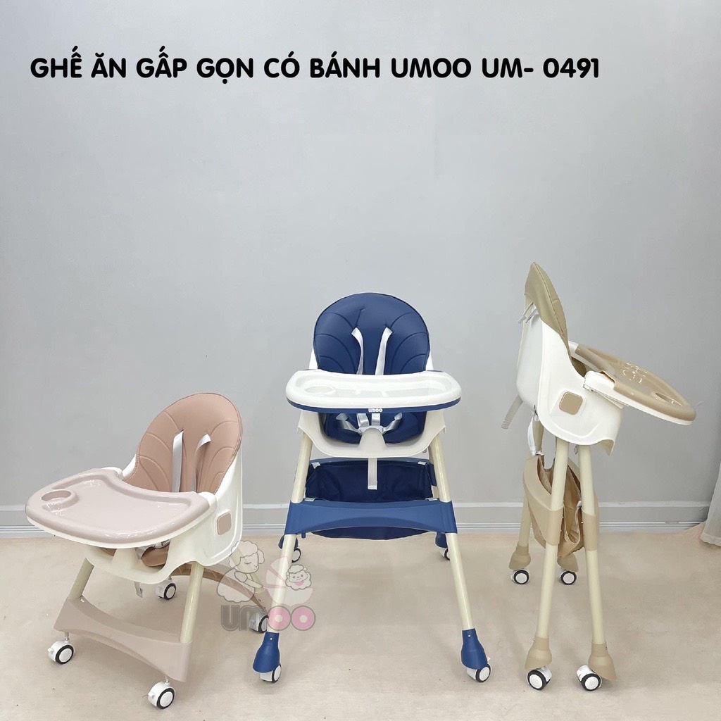 Ghế Ăn Dặm UMOO Có Bánh Xe, Điều Chỉnh Độ Cao 2 Cấp Độ, Gấp Gọn Tiện Dụng - Hàng Chính Hãng BH 12 Tháng cho bé