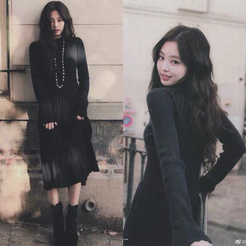 Blackpink Jennie Korean Vintage Slim Sexy Fashion Long Sleeve Knitted midi Dress