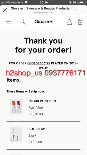 Gom order gel chân mày Boy brow Glossier kèm Bill Mỹ