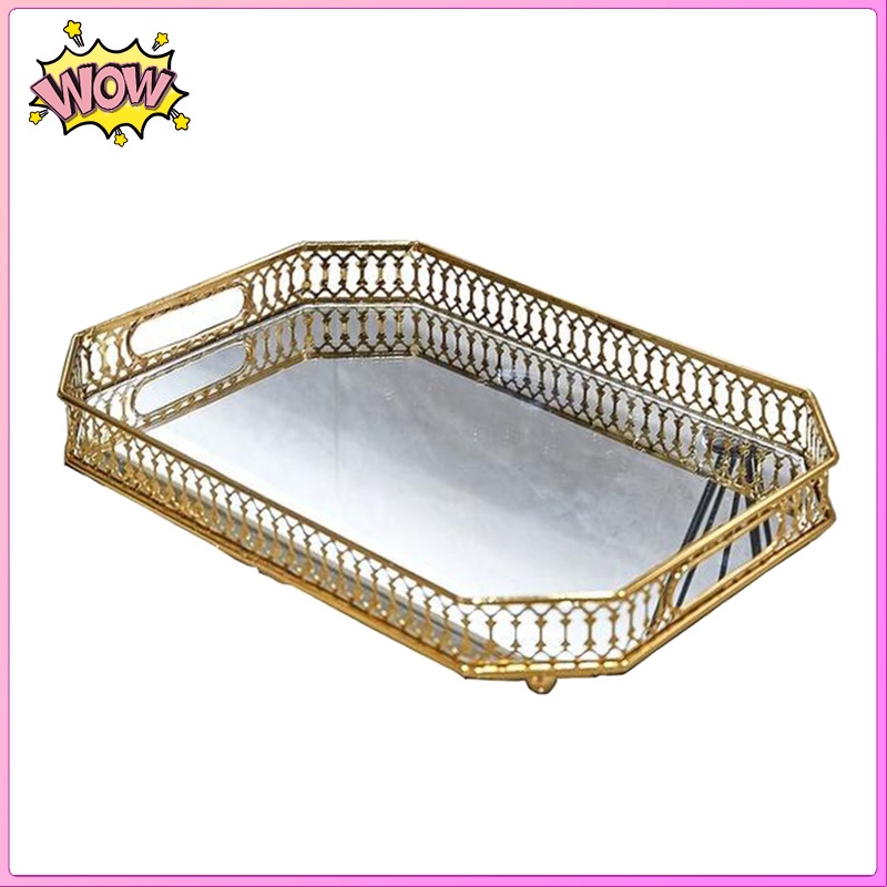Khay Pha Lê Đựng Nước Hoa / Mỹ Phẩm Tráng Gương Màu Vàng Dùng Trang Trí Nhà Cửa