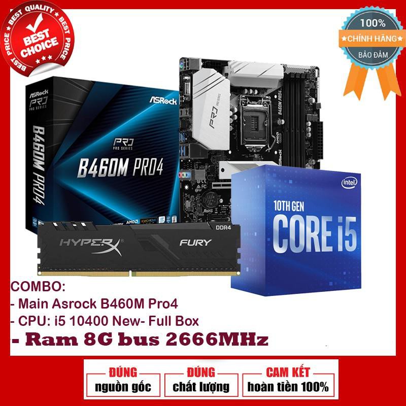 COMBO sản phẩm: Bo mạch chủ Asrock B460 Pro4 / CPU I5 10400 / Ram 8G Buss 2666 MHz