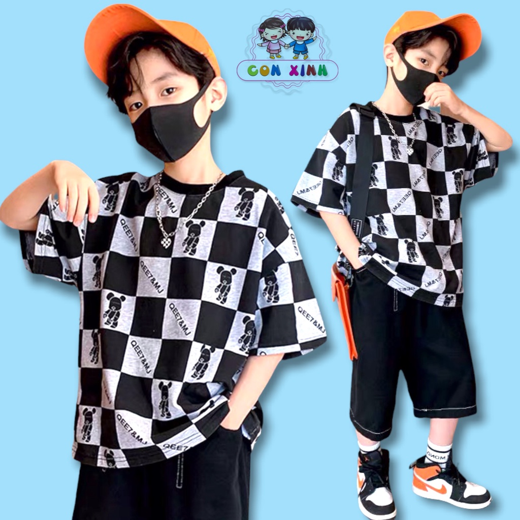 Đồ bộ bé trai Con Xinh cotton hình in Gấu ô vuông, quần áo dành cho trẻ em từ 14 đến 50kg