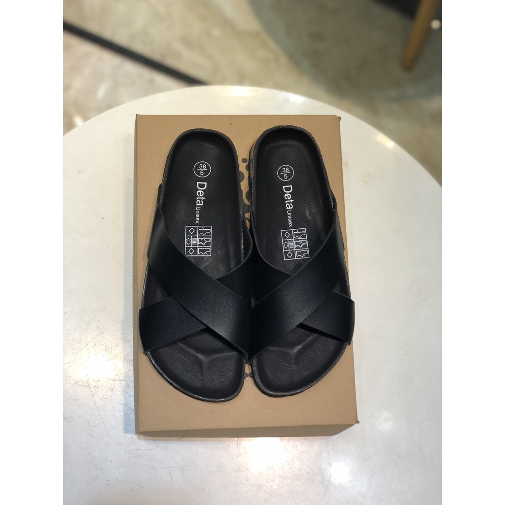 Giày dép đế trấu nam nữ quai chéo Detaunisex phong cách văn phòng Birken đi mưa - màu đen lót đen - DETA23F