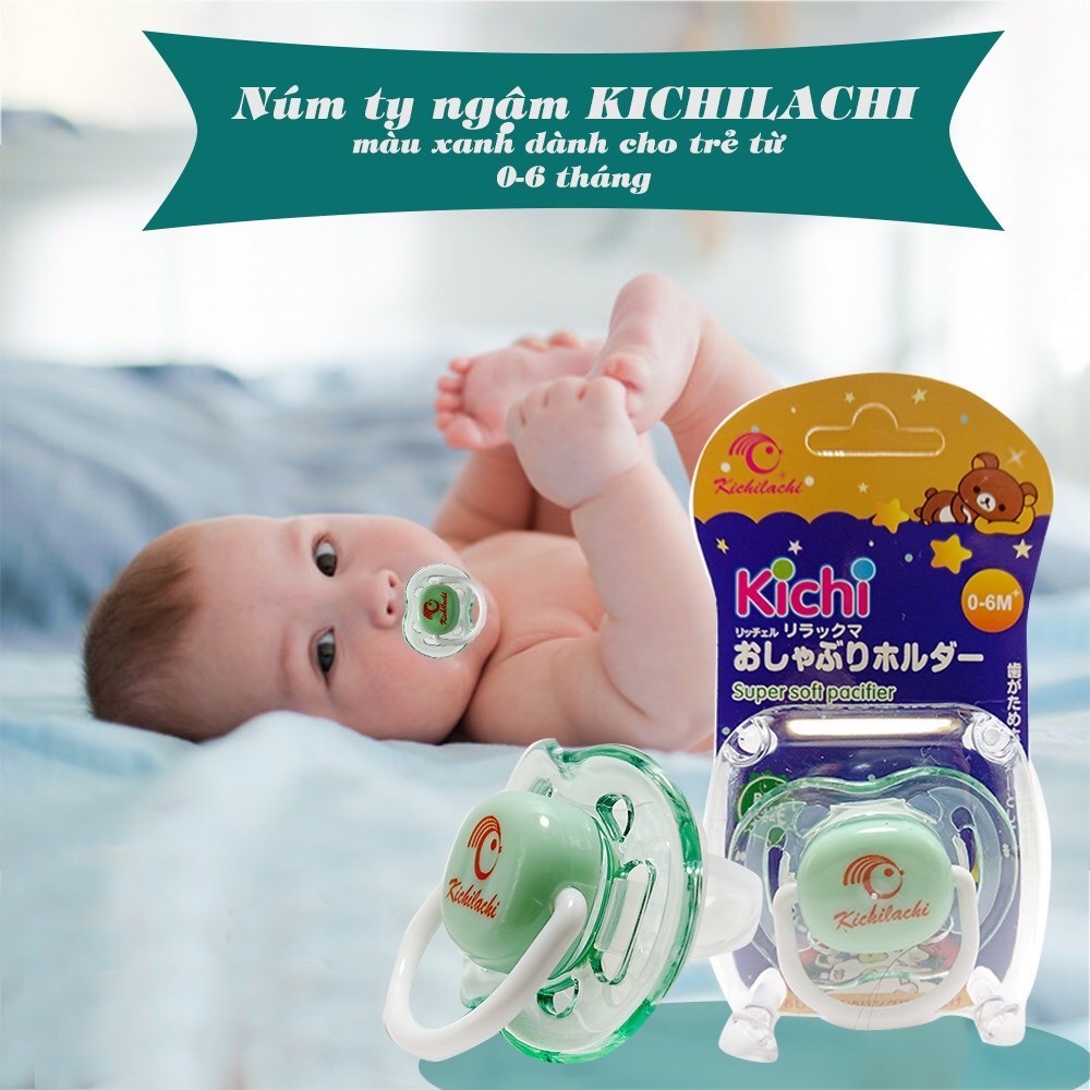 Núm vú, núm ty giả Kichi 5 màu kèm hộp đựng cho bé 0-6 tháng