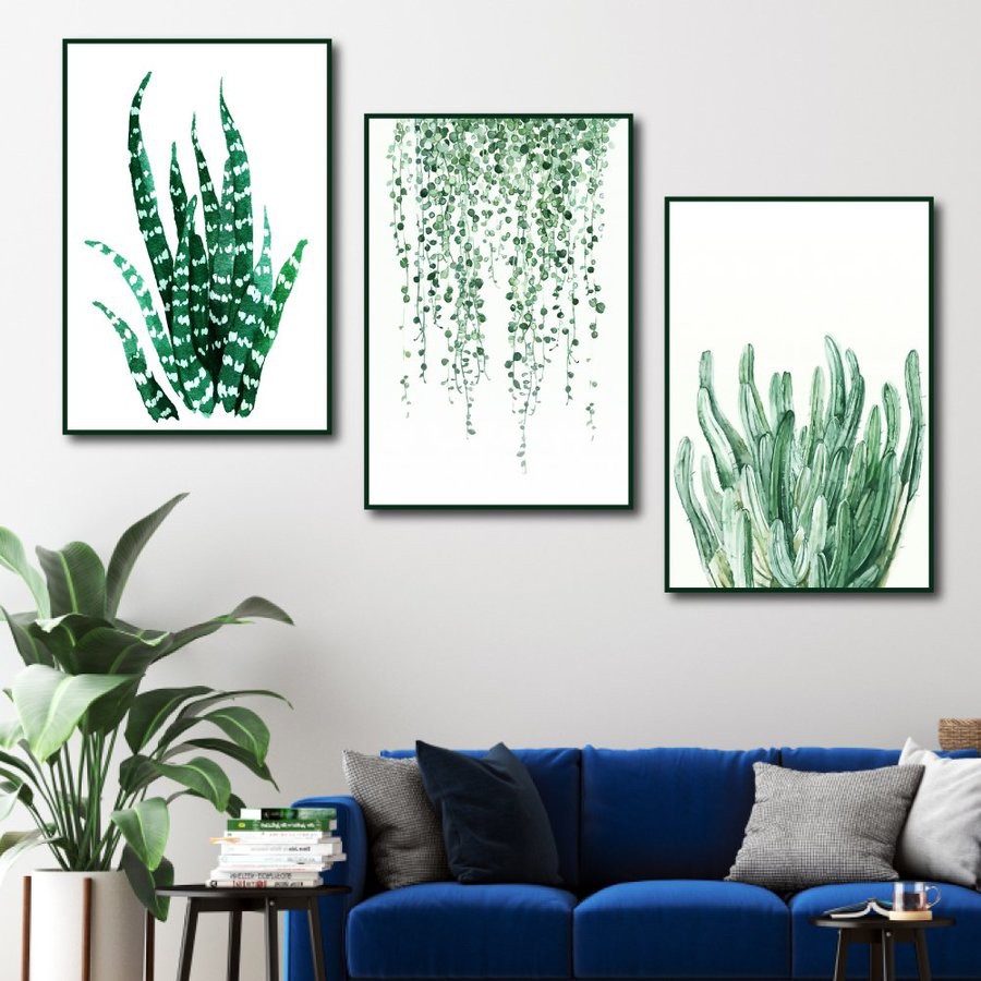 Bộ 3 Tranh canvas giá xưởng- tranh treo tường lá xanh kèm khung cao cấp- tặng kèm đinh đa năng treo