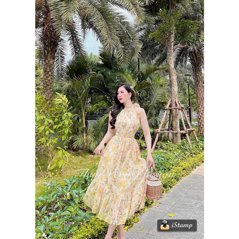 Đầm maxi cổ yếm váy hoa nhí vintage váy đi biển sexy midi Kèm hình thật Đầm maxi tơ hoa