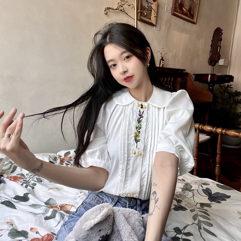 Áo sơ mi SUXI dáng rộng cổ búp bê thêu họa tiết phong cách Hàn Quốc thời trang mùa hè cho nữ