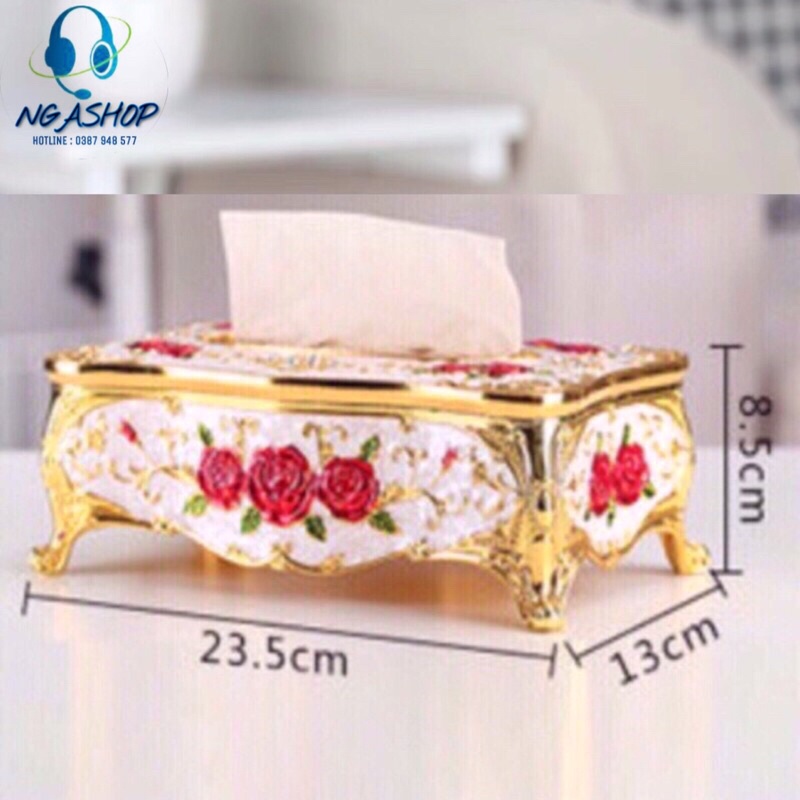 Hộp đựng giấy ăn phong cách hoàng gia cổ điển sang trọng cao cấp để bàn hoa in nồi màu vàng ,trắng ,đỏ dài 23.5cm -M1