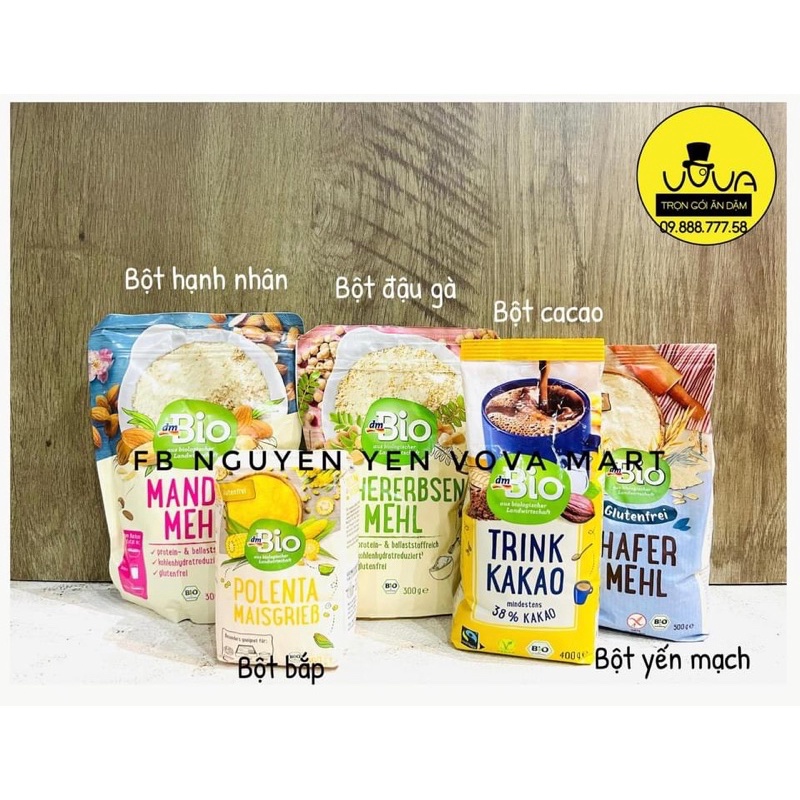 Bột hạnh nhân, cacao, đậu gà, hạnh nhân, yến mạch DmBio Đức