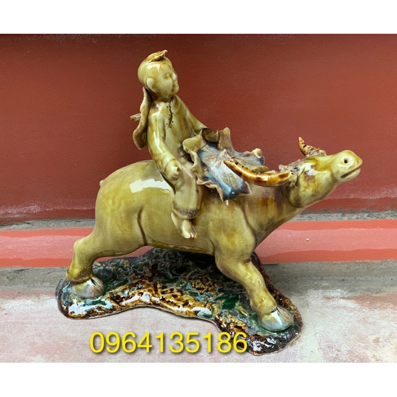 Tượng mục đồng cưỡi trâu d26cm men hoàng thổ gốm sứ Bát Tràng