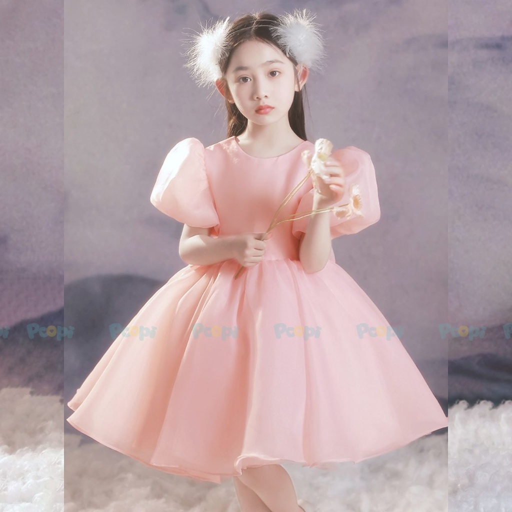 Váy Công Chúa Bé Gái Poopi Dáng Xòe Bồng Tay Ngắn Màu Hồng Dịu Xinh Đẹp Cho Bé Chơi Tết