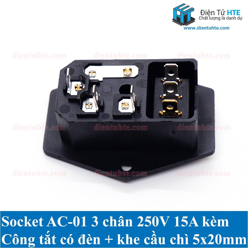 Socket AC-01 3 chân 250V 10A có công tắc đèn có khay lắp cầu chì 5x20mm [HTE Quy Nhơn CN2]